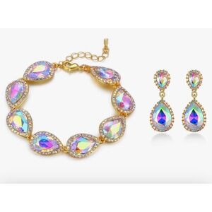 Gold Tone‎ Metal Crystal Rhinestone Lobster Claw Bracelet  And Dangle Earrings